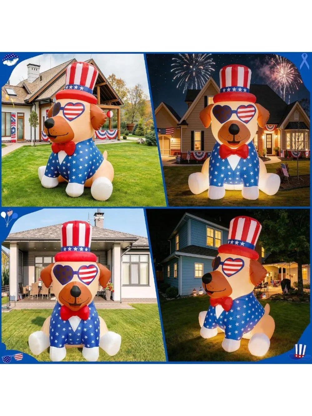 4FT Inflatable Patriotic Pug Decoration with LED Lights for 4th of July Yard